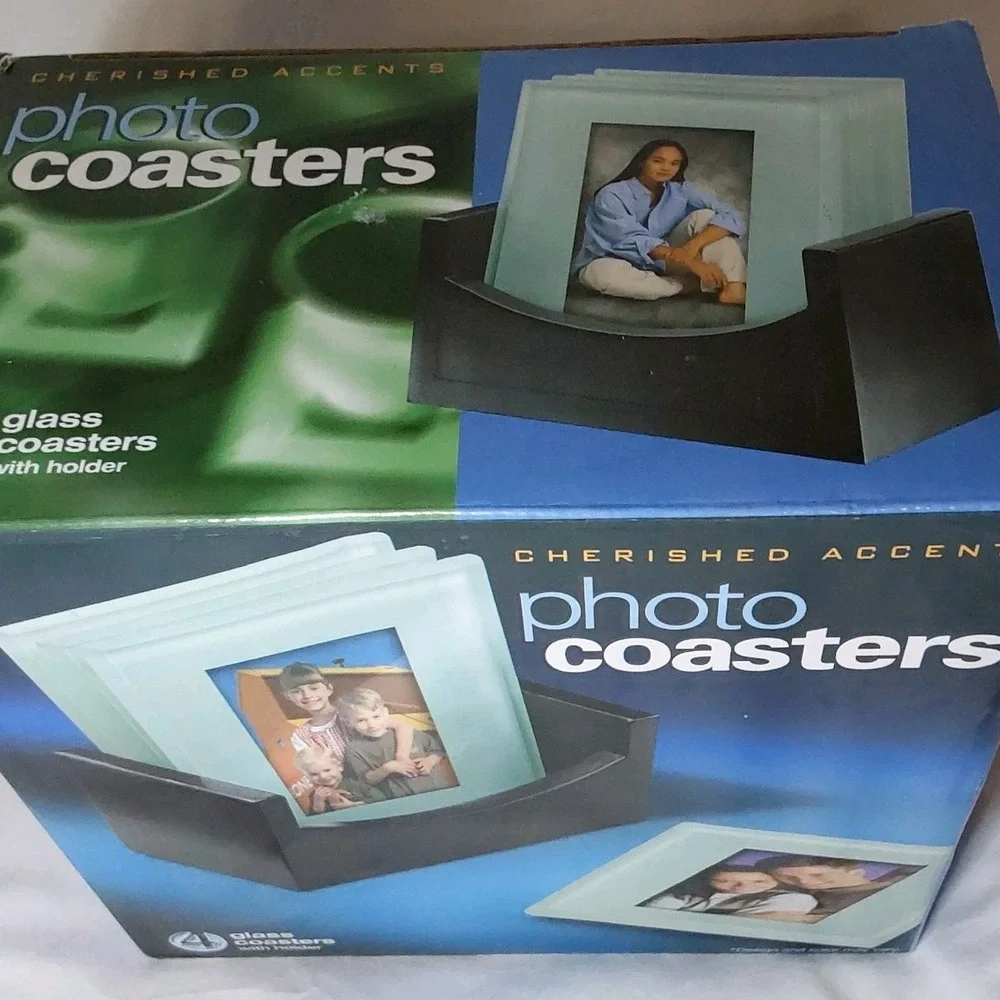NEW Set 4 Cherished Accents Photo Coasters w/Wood Holder,Orig Box,2